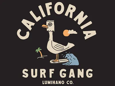 CALIFORNIA SURF GANG coastal illustration seagull surfing
