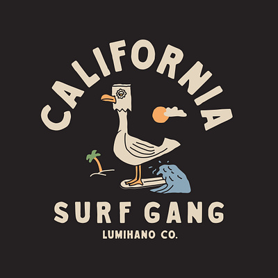 CALIFORNIA SURF GANG coastal illustration seagull surfing