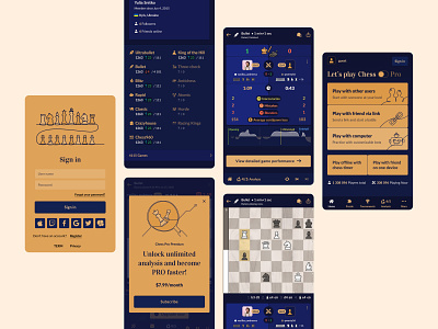 Chess Pro ♝ Mobile app blue board chess dark game gold line art login mobile statistics ui