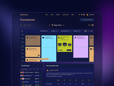 Chess Pro ♝ Tournaments Calendar blue calendar chess classic daily game gold navy schedule tournament ui user interface