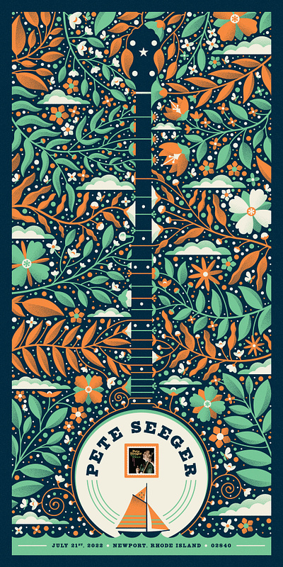 USPS Pete Seeger Poster banjo boat dan kuhlken design dkng dkng studios flowers geometric illustration nathan goldman plants poster sailboat stamp usps vector