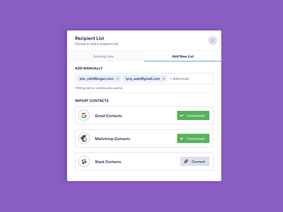 Concept Design / Import Contacts connect contacts email email list email tag gmail mailchimp mailchimp contacts modal modal design recipient list slack slack contacts tag