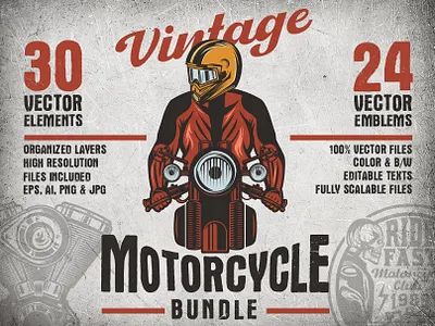 Vintage Motorcycle Emblems and Elements Bundle american biker drawing helmet motorbike motorcycle racer riding vector vintage