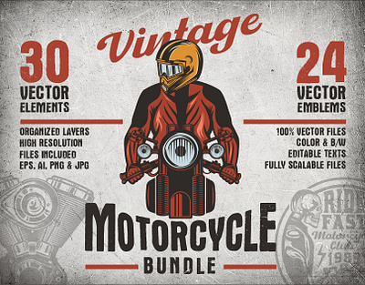 Vintage Motorcycle Emblems and Elements Bundle american biker drawing helmet motorbike motorcycle racer riding vector vintage