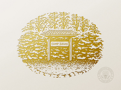 Camp David Presidential Retreat Illustration camp david design gold foil government graphic design illustration illustration art illustration digital president usa woodcut woodcut illustration