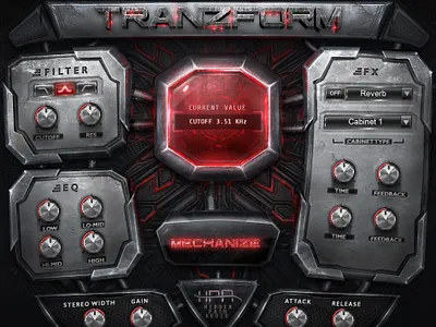 Tranzform Futuristic Fantasy GUI Design for Kontakt and VST audio design design for audio design for vst plugin fantasy futuristic graphic ui gui gui design gui design for vst interface heavy hi tech kontakt metal music plugin sci fi ui user interface vst