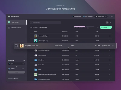 Shadow Drive UI Concept blockchain clean concept crypto dark ui data set dronies dropbox harddrive minimal solana sora font swap table table design ui ui design ux web app web3