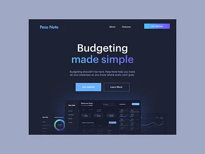 Budgeting App landing page - Dark Mode budgeting budgeting app dark mode dark ui fintech gradient interface landing page mobile app uiux web app