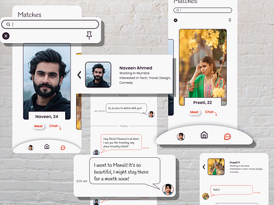 Chat Screens of a Dating App avatar chat chat bubble circular menu close dating app design matches message minimal pin profile ui unique ux