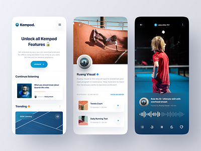 Kempod - Podcast App app card clean design live streaming minimal minimalist mobile music app player podcast podcasting podcasts product product design sport spotify streaming app ui ux