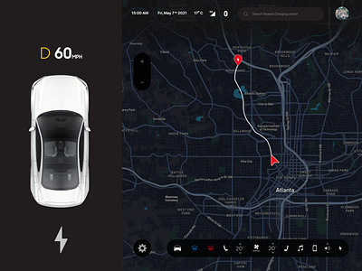 Tesla Control Panel UI Concept autonomous car battery control control panel dark dark mode dark ui dashboard design driving green map motor phosothop steer tesla ui vehicle