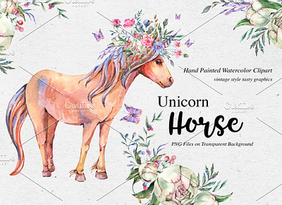 Watercolor Horse Unicorn Clipart animation branding graphic design icon illustration illustrator logo minimal typography vector