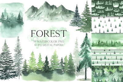 Watercolor Green Forest Set animation branding design graphic design icon illustration illustrator typography ux vector website