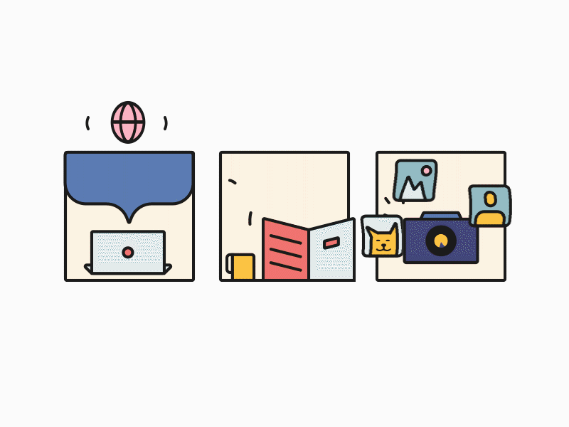 Three types of activities 2d animation book computer design illustration lottie outline person ui vector