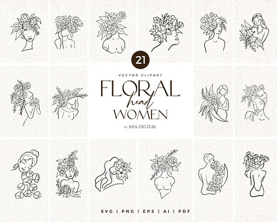 Floral Head Women SVG Clip Art art artwork black cute design doodle drawing fashion female floral flower flowers girl hand drawn head illustration line painting woman women