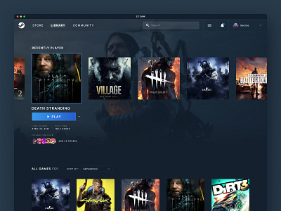 Redesign Steam Desktop | Design Exercise #2 branding cs:go cyberpunk death stranding desktop game library product design redesign resident evil steam steam app steam desktop