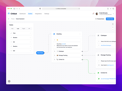 Chatbot Builder SaaS automation builder chat chat bot chatbot clean conversational drag and drop editor flow flow editor flowchart minimalist nodes product saas software ui web web app