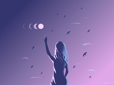 Ticket to the moon birds blue dream dusk full moon girl moon moonlight moonshine night purple silhouette vector vector illustration vectorart vectorgraphic vectorgraphics violet woman young