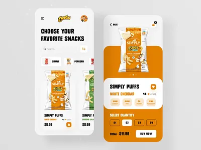 Cheetos Snacks Product App 🍿 app design baby food cheetos chips crackers food foodie lays mobile app mobile ui online shop potato product app product page products shopify snacks trendy design ui ux