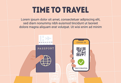 At the airport airport app boarding pass cartoon covid flat flat design hands illustration new normal passport phone pink scene top travel vaccine vector vector design view