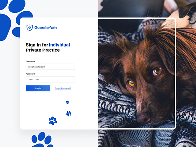 GuardianVets - Login Page app application blue design dog flatdesign login login design login form login page login screen pet typography ui ux veterinary web web design webdesign website