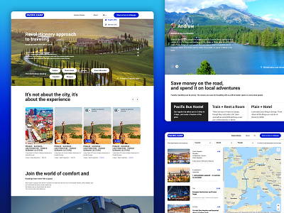 Pacific camp — travelling stratup website blue and white landing page minimal startup branding travelling typography ui