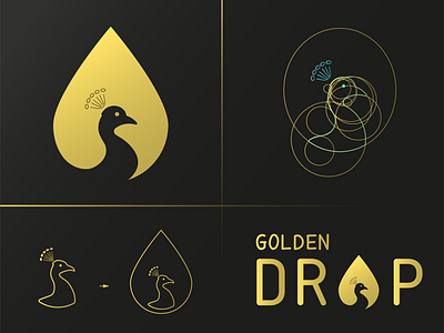 Golden Drop+Peacock Logo bird bird logo combination mark drop drop logo gold golden bird grid logo iconic logo lineart logotype negative space logo peacock logo