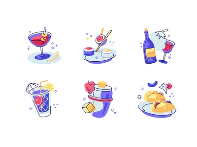 food and drink icons set. nomaia x marco bar bottle cafe cocktail design drink flat food glass ice icon icons illustration line outline plate set taco vector wine