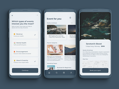 Event Exploring App application classes clean design event exploration interests layout map minimal mobile app trips ui ux workshops