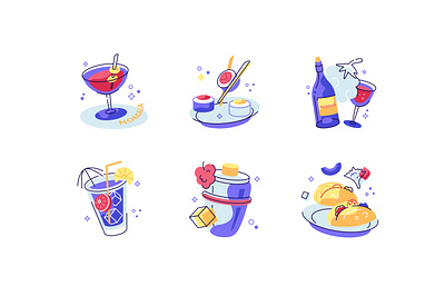 food and drink icons set. nomaia x marco bar bottle cafe cocktail design drink flat food glass ice icon icons illustration line outline plate set taco vector wine