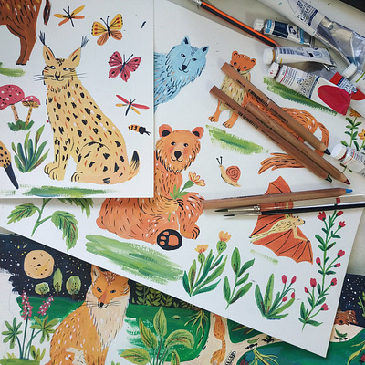 Animals - Children's Book In Progress animals art children book illustration childrens book drawing gouache hand drawn illustration nature painting