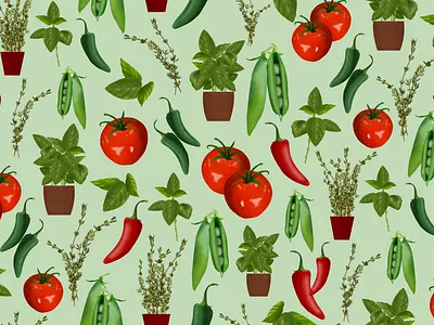 Herbs & Vegetable Pattern botanical illustration botanicalart digital illustration editorial illustration food food and drink food illustration food illustrator freelance illustrator illustration illustrator packagingdesign pattern patterndesign plant illustration recipe tomato