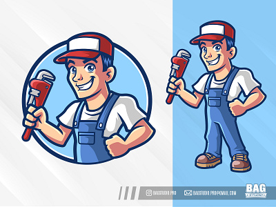Plumber Mascot Logo cartoon character contractor fix illustration logo mascot plumber repair repairman service tool vector worker