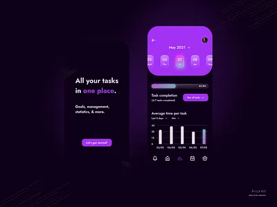 Daily UI #66: Statistics aurora ui calendar app chart charts cta button dailyui dailyuichallenge dark mode day 66 glassmorphism mobile app design onboarding screen pink gradient progress bar purple simple clean interface stats ui task management app typography uxuidesign