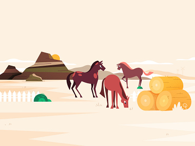 Lanscape animals bushes character design childish children illustration desert farm flat style hay horse horses illustration lanscape mountains scenery stack sun vector village windmill