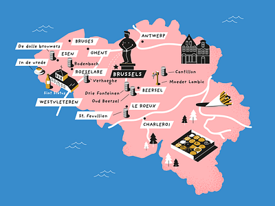 Beer bible Belgium map beer tap beers belgium blue bottle breweries brussels chocolate box flat forest fries gold grain isometric labels map pink publishing stippling typography