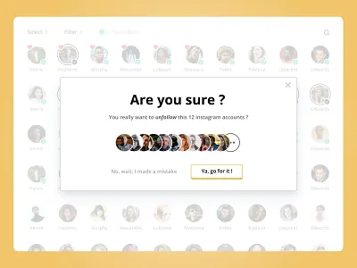 Manage your Instagram community - Pop-in follow pop in pop in pop up pop up popin popup ui unfollow web design web site webdesign website yellow