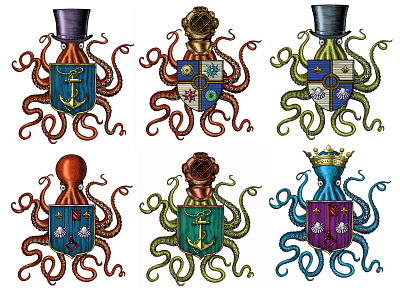 Cryptopus artwork coat of arms crest design engraving etching illustration line art logo octopus scratchboard steven noble vintage art