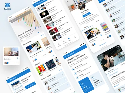 TopSkill - Online Learning app concept app art blue branding casestudy design education education app education logo landingpage learning learning app learning platform logo minimal topskill typography ui uiuxdesign ux