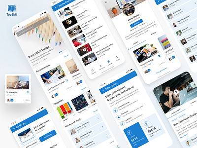 TopSkill - Online Learning app concept app art blue branding casestudy design education education app education logo landingpage learning learning app learning platform logo minimal topskill typography ui uiuxdesign ux
