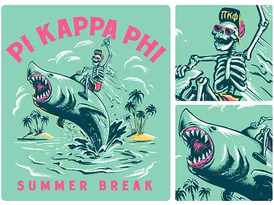 Jump the Shark beach cartoon character character greek hang ten illustration island life pi phi riding rodeo sea shark skeleton spring break summer tropical vintage