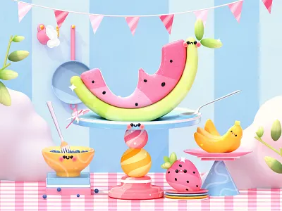 “Fruit Party” - Letter W 3d 3d art 3d artist banana character colors design dribbble best shot fruits illustration illustration art kawai kawaii kawaii art party picnic plants strawberry watermelon webdesign