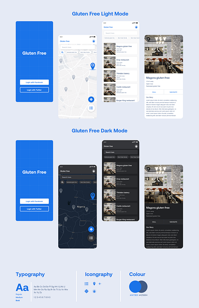 Gluten Free DarkMode branding darkmode design designthinking gluten gluten free lightmode location restaurant ui uiux