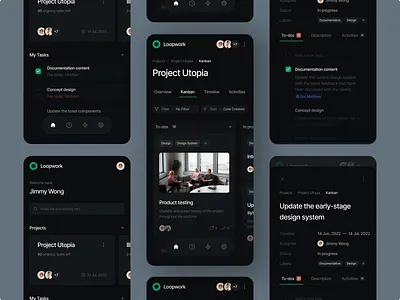 Loopwork — Project Management Mobile App app clean dark mode design management minimal mobile mobile app project project management task task management team to do list ui ui design