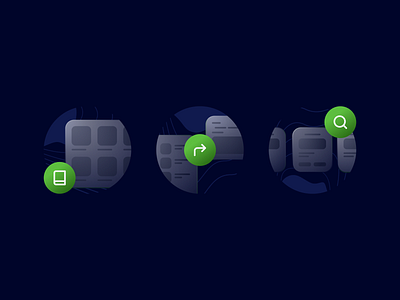 Library feature icons dark glassmorphism icon illustration ui