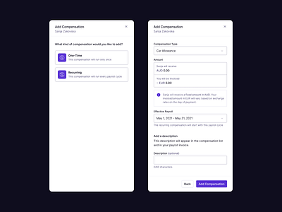 Add Compensation Modals admin b2b clean component design crm dashboad enterprise finance fintech hr human resources minimal saas saas design ui ui design ux web web app