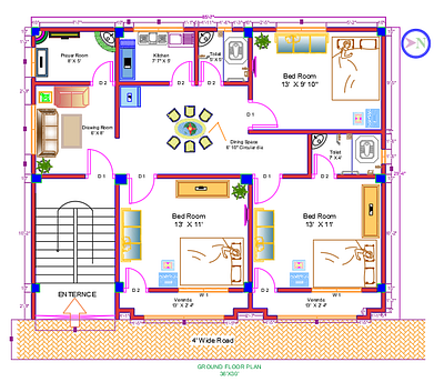2D Floor Plan 36 X30 Ground Floor 2d floor plan architecture autocad building design civil engineering color design