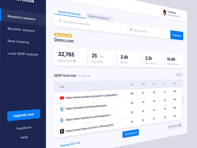 Keyword and domain Search Tool dashboard application dashbaord domain research seo tool