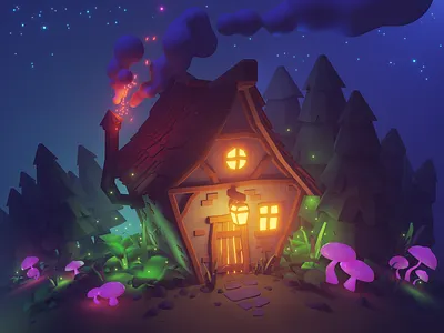 Hut in the woods 3d 3d art 3d modeling 3drendering art artwork building cabin fireflies forest graphic house hut illustration magic night render stars witch house wood