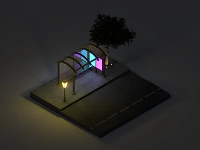A Lonely Bus Stop 3d design illustration isometric lowpoly render vray